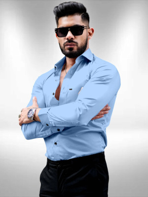 Growwax Men Solid Formal Blue Shirt