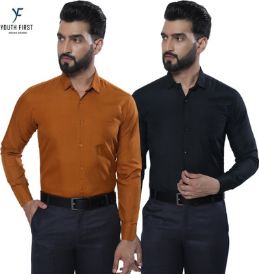 youth first Men Solid Formal Brown, Black Shirt(Pack of 2)