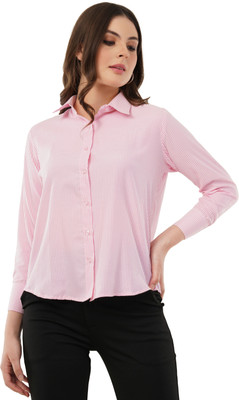 Kingeverra Women Striped Casual Pink Shirt