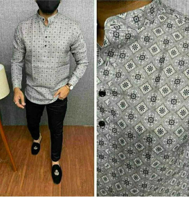 TheWonderWorld Men Printed Straight Kurta(Grey, White, Black)