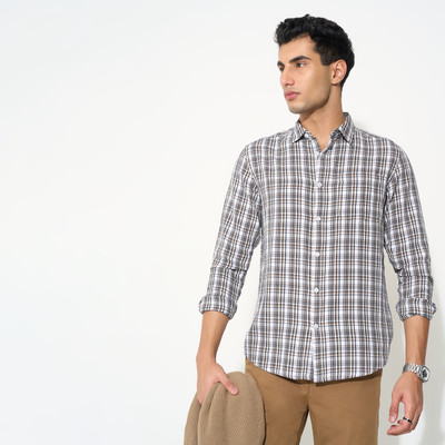 Peregrine by Pantaloons Men Checkered Casual White Shirt