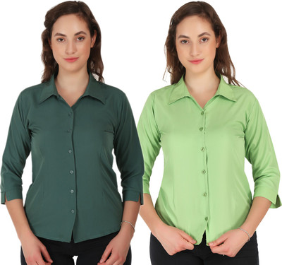 Giggles Women Solid Casual Dark Green, Light Green Shirt(Pack of 2)