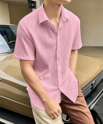 SEVENTEENSTITCH Men Self Design, Solid Casual Pink Shirt