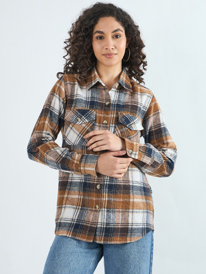 HouseOfCommon Women Checkered Casual Brown Shirt