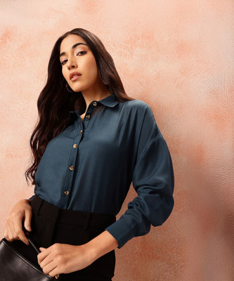 all about you Women Solid Casual Blue Shirt