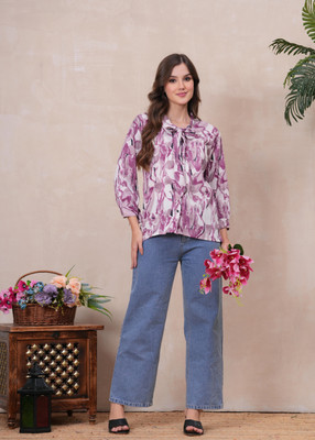 JC4U Women Printed Casual Purple, White Shirt