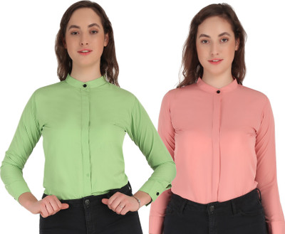 Giggles Women Solid Formal Red, Pink Shirt(Pack of 2)