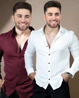 Marmic Fab Men Solid Casual White, Maroon Shirt(Pack of 2)