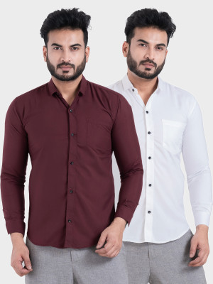 BONCUE Men Solid Casual Maroon, White Shirt(Pack of 2)