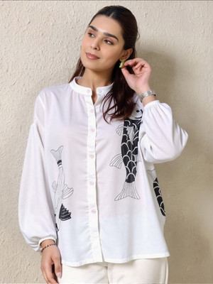 MAYKR Women Animal Print Casual White Shirt