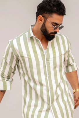 Surhi Men Striped Casual Light Green Shirt