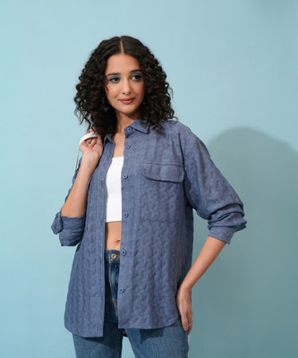 Tokyo Talkies Women Solid Casual Blue Shirt