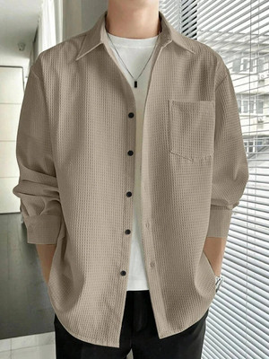 rocefas Men Checkered Casual Beige Shirt