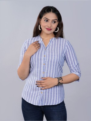 FABISHO Women Striped Casual Blue Shirt