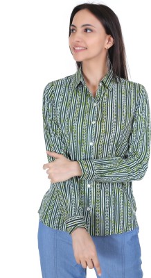 Gouraiya Women Striped Casual White, Light Green, Dark Green Shirt