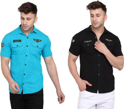 Money Leaf Men Solid Casual Light Blue, Black Shirt(Pack of 2)
