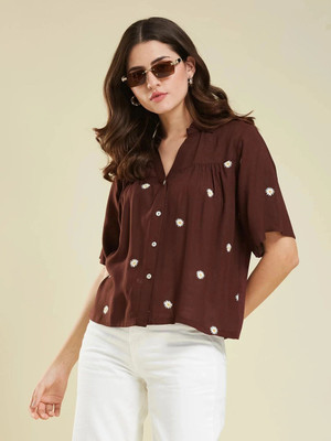 J TURRITOPSIS Women Embroidered Casual Brown Shirt