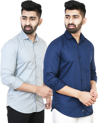 Feel high Men Solid Casual Dark Blue, Grey Shirt(Pack of 2)