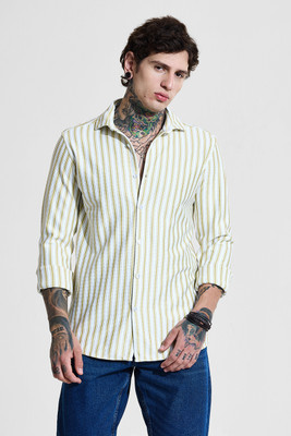 Snitch Men Striped Casual Grey Shirt
