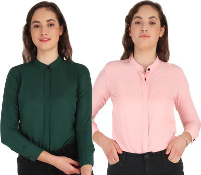 Hunoor Women Solid Casual Dark Green, Pink Shirt(Pack of 2)
