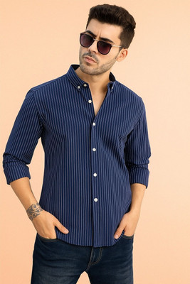 Pactimo Men & Women Striped Casual Dark Blue Shirt
