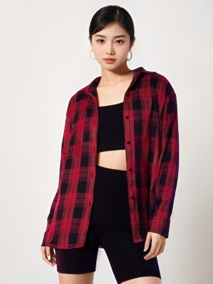 YESFASHION Women Checkered Casual Red Shirt