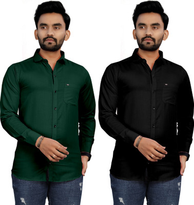 UDANI ENTERPRISES Men Solid Casual Black, Green Shirt(Pack of 2)