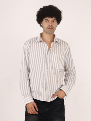 The Rogue Club Men Striped Casual White, Grey Shirt
