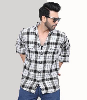D Finish Men Checkered Casual White Shirt