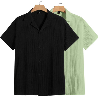 METRONAUT Men Self Design Casual Black, Light Green Shirt(Pack of 2)