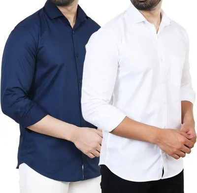 Hansroop Men Solid Casual Pink, Dark Blue Shirt(Pack of 2)