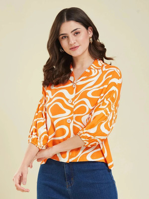 J TURRITOPSIS Women Printed Casual Orange Shirt