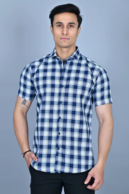 BlackLilly Men Checkered Casual White, Dark Blue Shirt