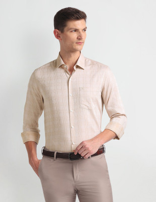 ARROW Men Checkered Formal Beige Shirt