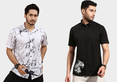 Emporium Men Striped, Printed Casual White Shirt(Pack of 2)