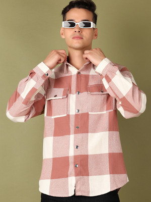 V-MART Men Checkered Casual Pink Shirt