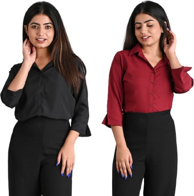 GM SARA Women Solid Formal Black, Maroon Shirt(Pack of 2)