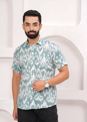 Samefit Men Printed Casual Light Blue, White Shirt