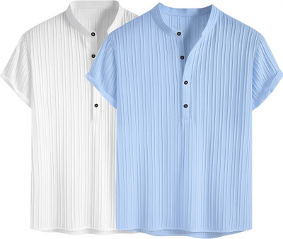 METRONAUT Men Self Design Casual White, Light Blue Shirt(Pack of 2)