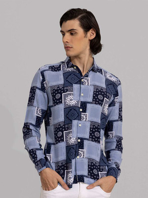 Snitch Men Printed Casual Dark Blue Shirt