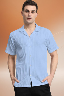 A DEEMOON TREND Men Self Design Casual Light Blue Shirt