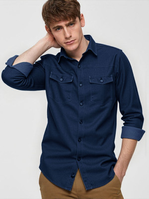 NEW-18 Men Solid Casual Dark Blue Shirt