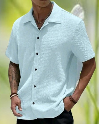 MUMIN Men Self Design Casual Light Blue Shirt