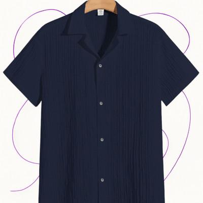 Looksky Men Self Design Casual Dark Blue Shirt