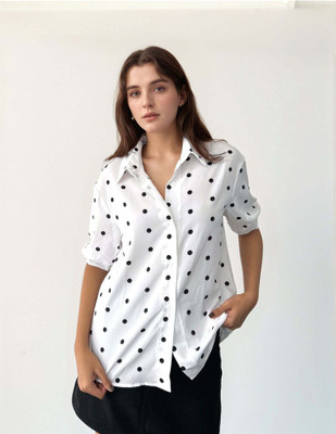 OUTZIDR Women Polka Print Casual White Shirt