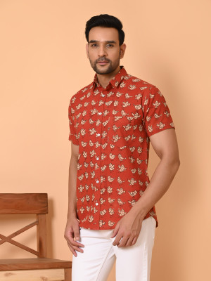 GOODHAND Men Printed Casual Orange Shirt