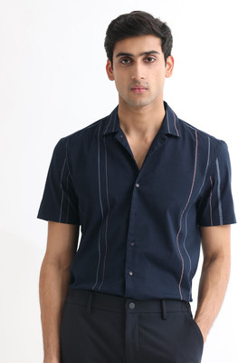 RARE RABBIT Men Striped Formal Dark Blue Shirt