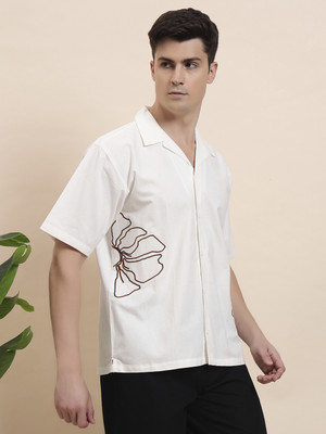 Brown Panda Men Embroidered Casual Cream, White Shirt
