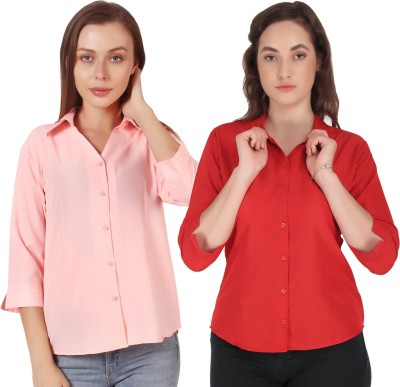 Hunoor Women Solid Casual Pink, Red Shirt(Pack of 2)