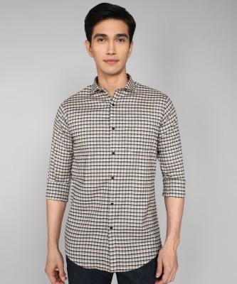 FIBERMILL Men Checkered Formal Khaki, Dark Blue, White Shirt